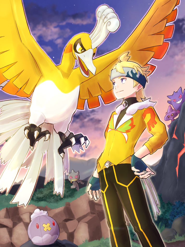 gengar, mismagius, ho-oh, banette, morty, and 1 more (pokemon and 1 more) drawn by tsugomori_(sprn303)