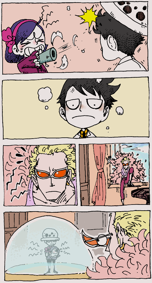 trafalgar law, donquixote doflamingo, and baby 5 (one piece) drawn by mawari28