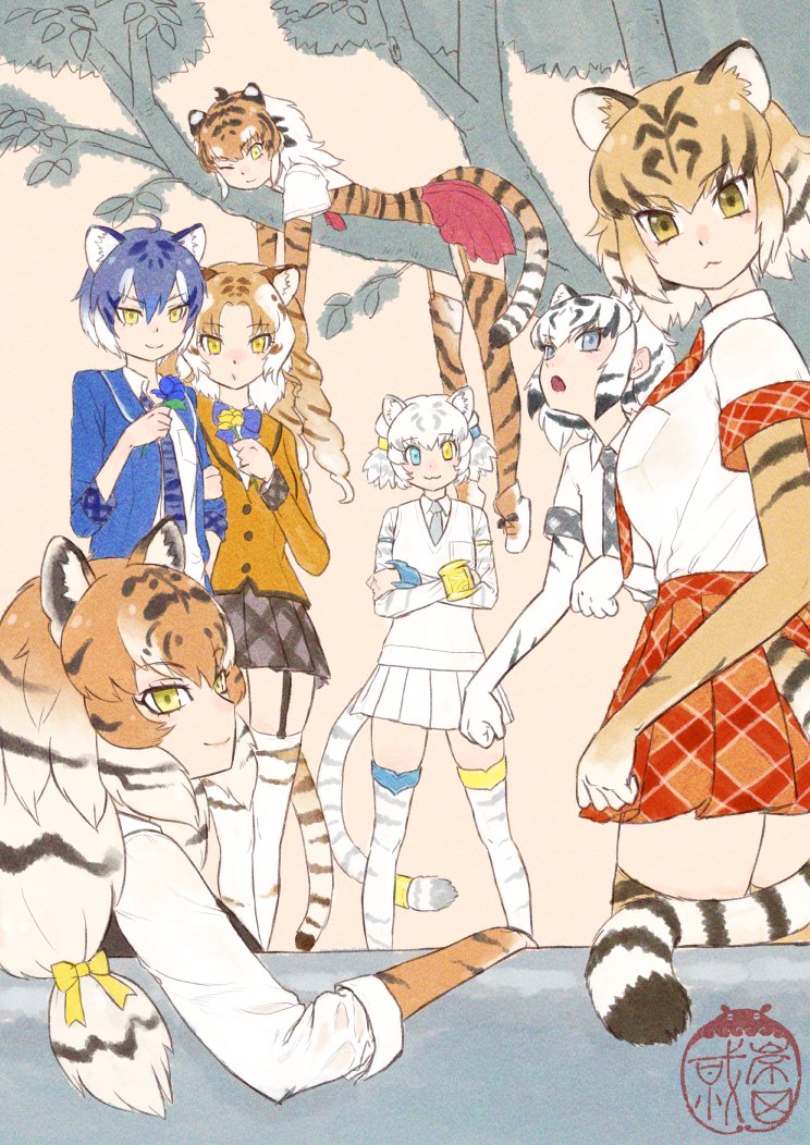 siberian tiger, tiger, white tiger, byakko, maltese tiger, and 2 more (kemono friends) drawn by kishida_shiki