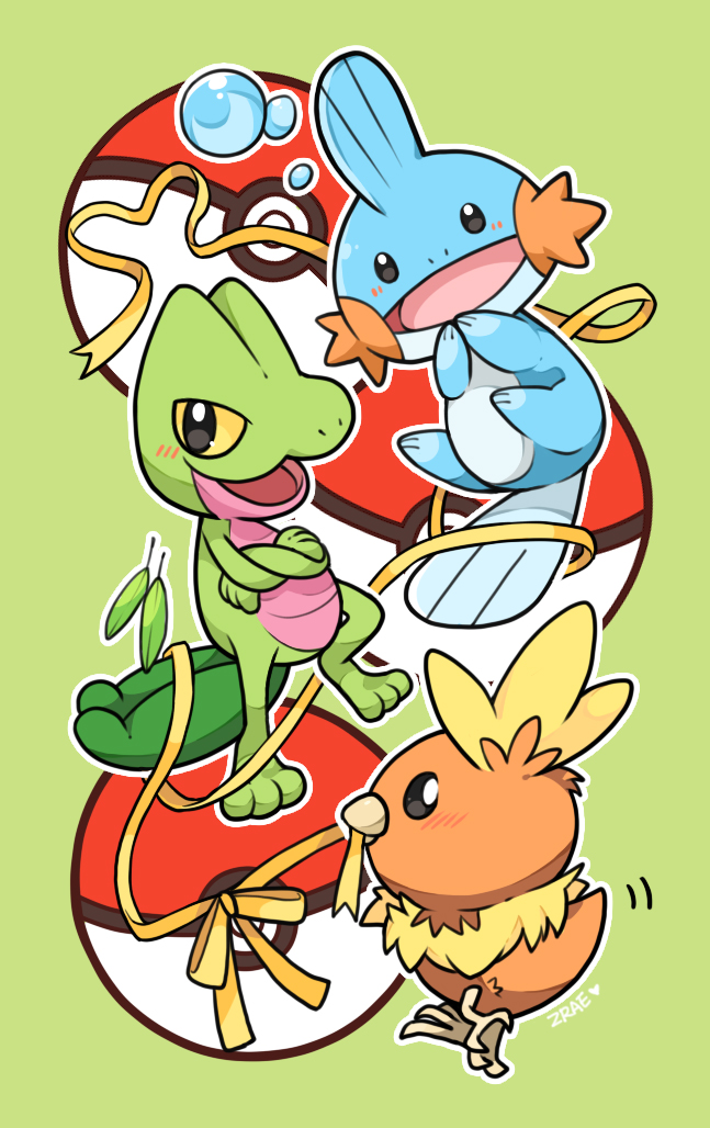 torchic, mudkip, and treecko (pokemon) drawn by zrae