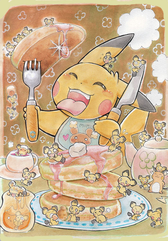 pikachu, pichu, raichu, and buneary (pokemon) drawn by oda_takashi