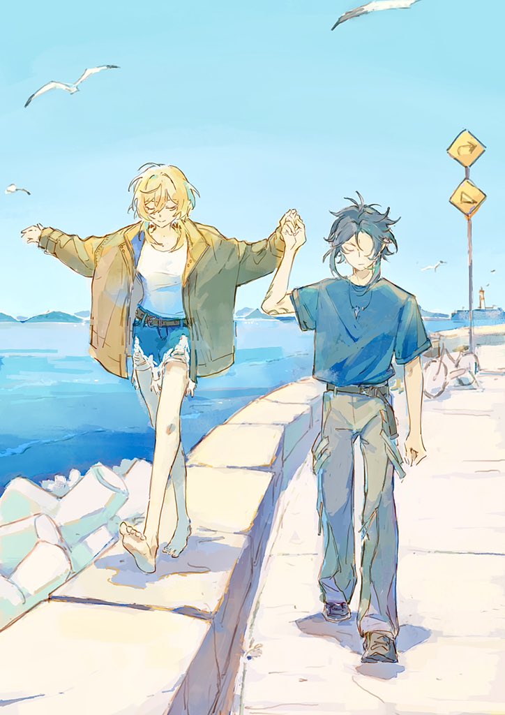 lumine and xiao (genshin impact) drawn by n.s.egg