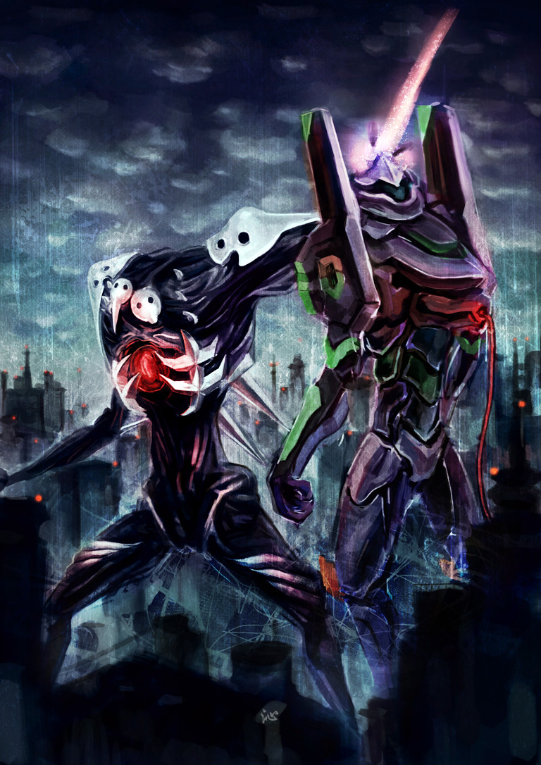 eva 01 and sachiel (neon genesis evangelion) drawn by mahou_kyuuri