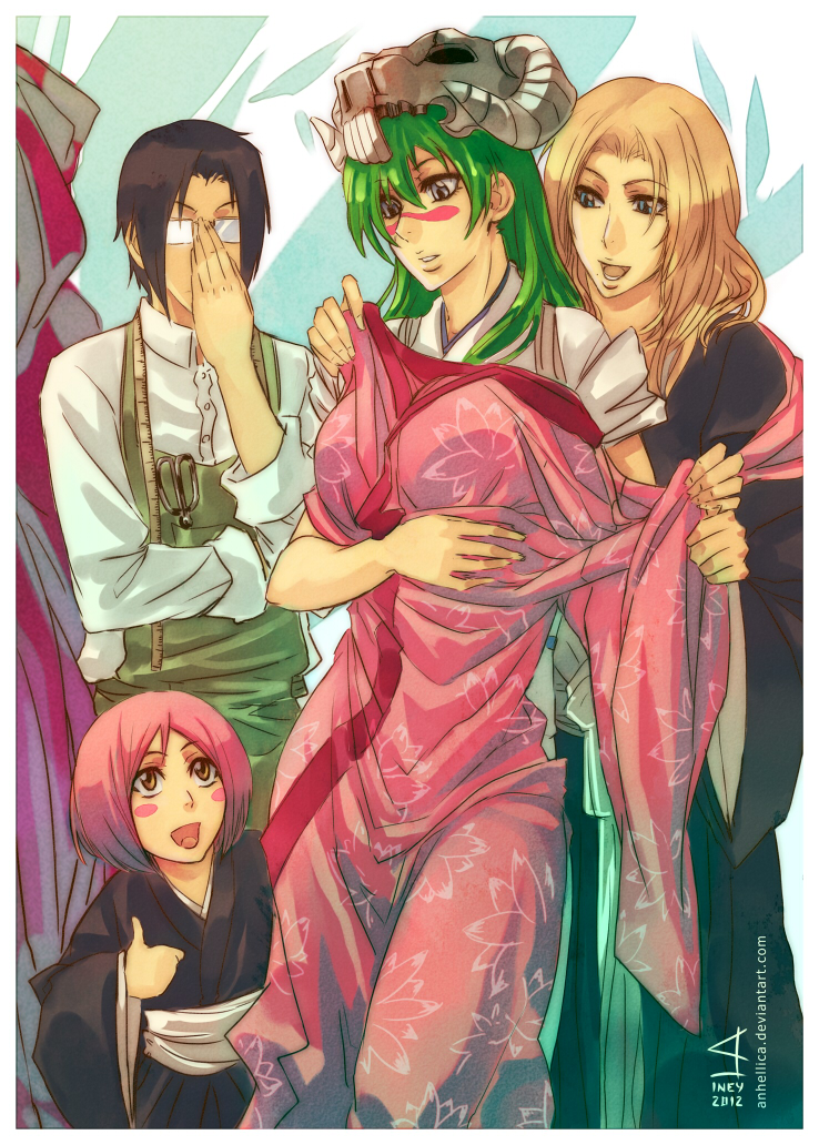 matsumoto rangiku, nelliel tu odelschwanck, ishida uryuu, and kusajishi yachiru (bleach) drawn by anhellica