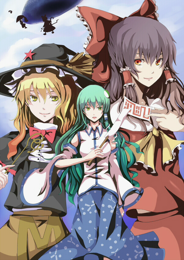 hakurei reimu, kirisame marisa, kochiya sanae, tatara kogasa, and nazrin (touhou and 1 more) drawn by mitsu_(tendou_itsuki)