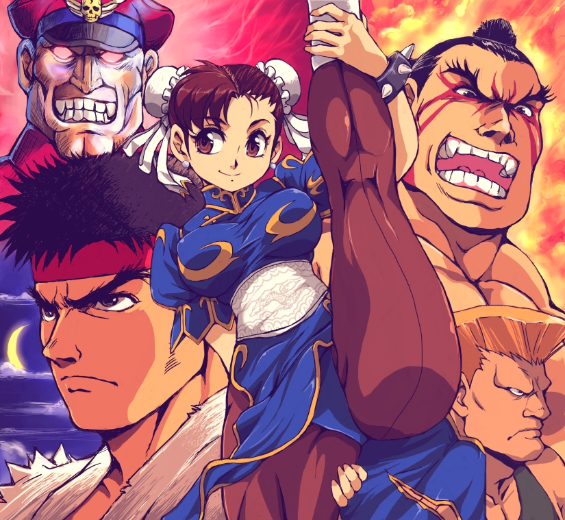 chun-li, ryu, m. bison, guile, and e. honda (street fighter) drawn by kamisimo_90