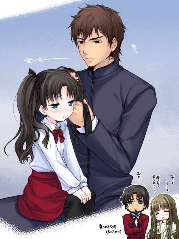 tohsaka rin, kotomine kirei, tohsaka tokiomi, and tohsaka aoi (fate and 1 more) drawn by utsugi_(skydream)