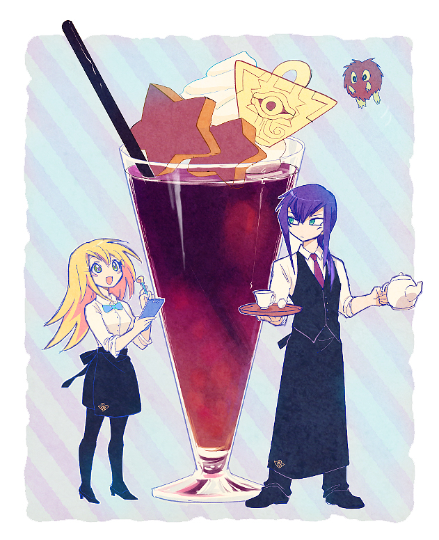 dark magician girl, dark magician, and kuriboh (yu-gi-oh!) drawn by yuza