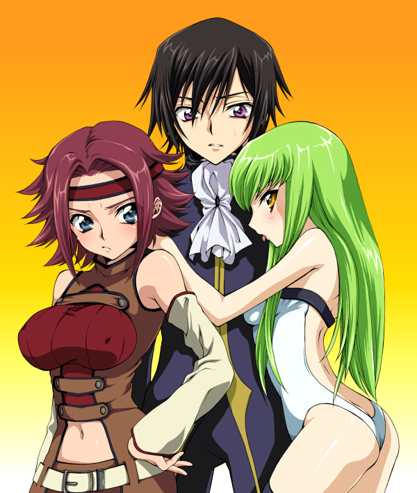 c.c., lelouch vi britannia, and kouzuki kallen (code geass)
