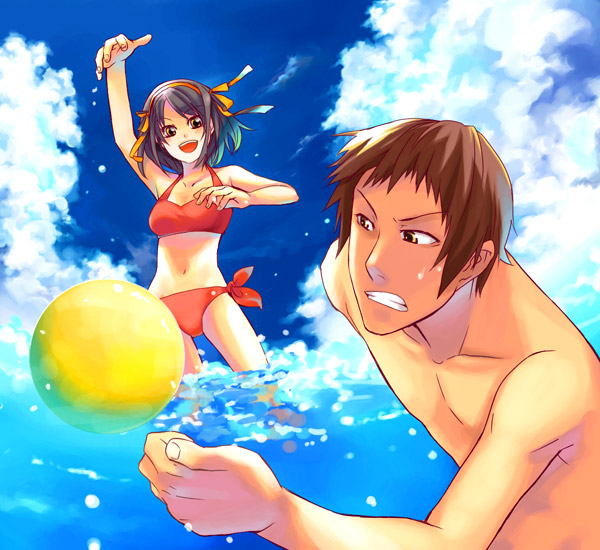 suzumiya haruhi and kyon (suzumiya haruhi no yuuutsu) drawn by fujimura_kyuu
