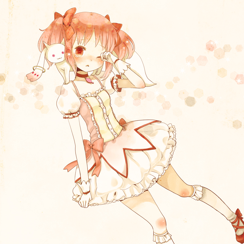 kaname madoka and kyubey (mahou shoujo madoka magica) drawn by mizutamako
