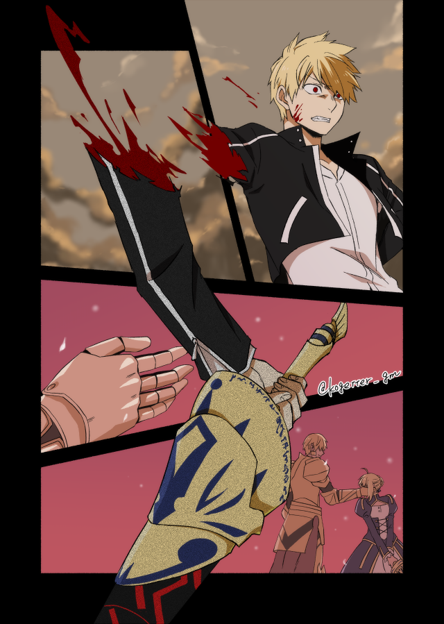artoria pendragon, saber, and gilgamesh (fate and 2 more) drawn by moonlight_0423