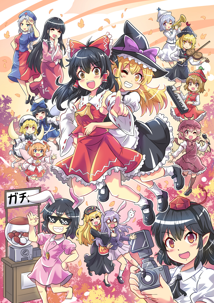 hakurei reimu, kirisame marisa, shameimaru aya, reisen udongein inaba, houraisan kaguya, and 10 more (touhou) drawn by colonel_aki