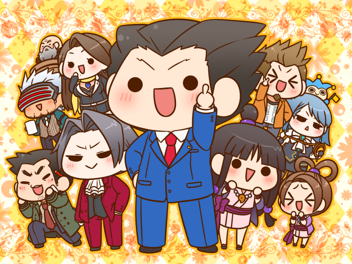 phoenix wright, miles edgeworth, maya fey, franziska von karma, dick gumshoe, and 6 more (ace attorney and 3 more) drawn by yumaru_(marumarumaru)