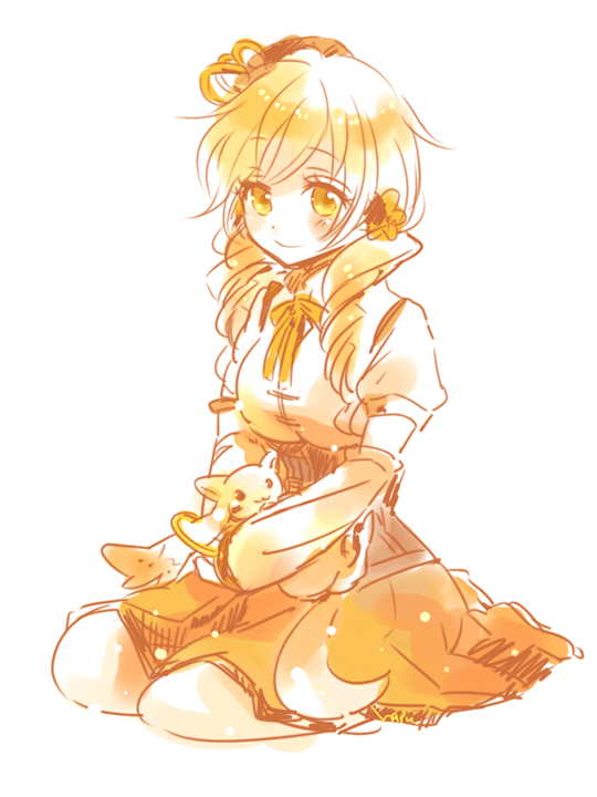 tomoe mami and kyubey (mahou shoujo madoka magica) drawn by hapu