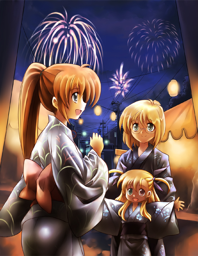 takamachi nanoha, vivio, and yuuno scrya (lyrical nanoha and 1 more) drawn by kouno_hikaru