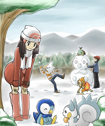 dawn, piplup, lucas, pachirisu, barry, and 2 more (pokemon and 2 more) drawn by karasuke