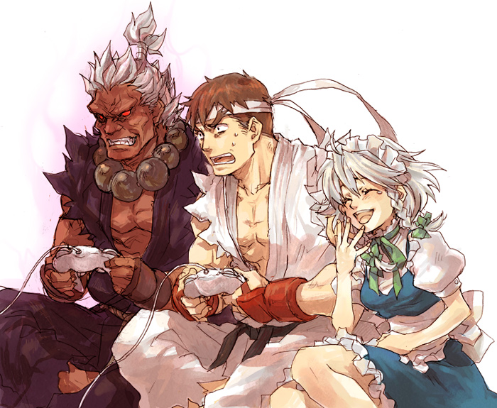 izayoi sakuya, ryu, akuma, and shin akuma (touhou and 2 more) drawn by shika_(pixiv)