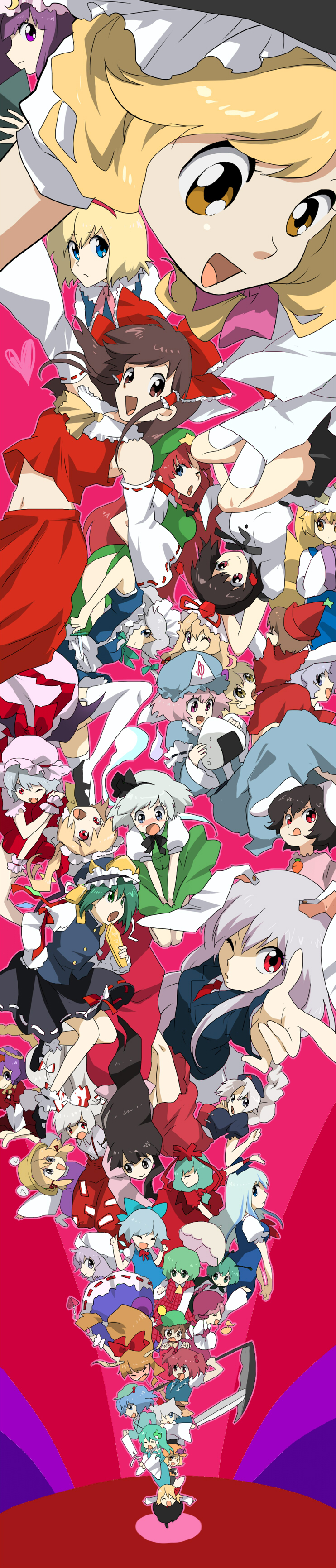 hakurei reimu, kirisame marisa, remilia scarlet, flandre scarlet, izayoi sakuya, and 34 more (touhou and 1 more) drawn by machiko_(beard)