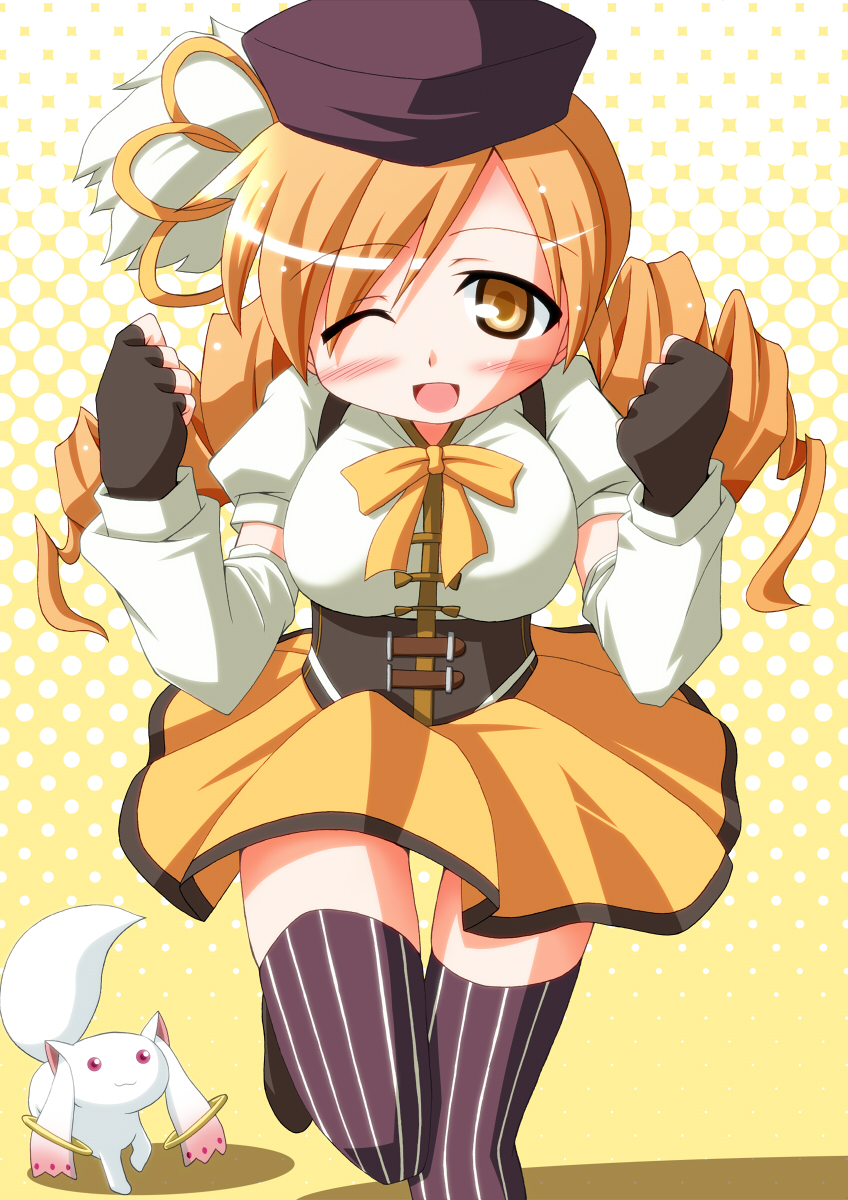 tomoe mami and kyubey (mahou shoujo madoka magica) drawn by kikkawa_(citrus_fruits)