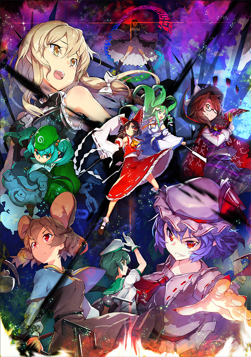 hakurei reimu, kirisame marisa, remilia scarlet, kochiya sanae, nazrin, and 3 more (touhou) drawn by yui_(niikyouzou)