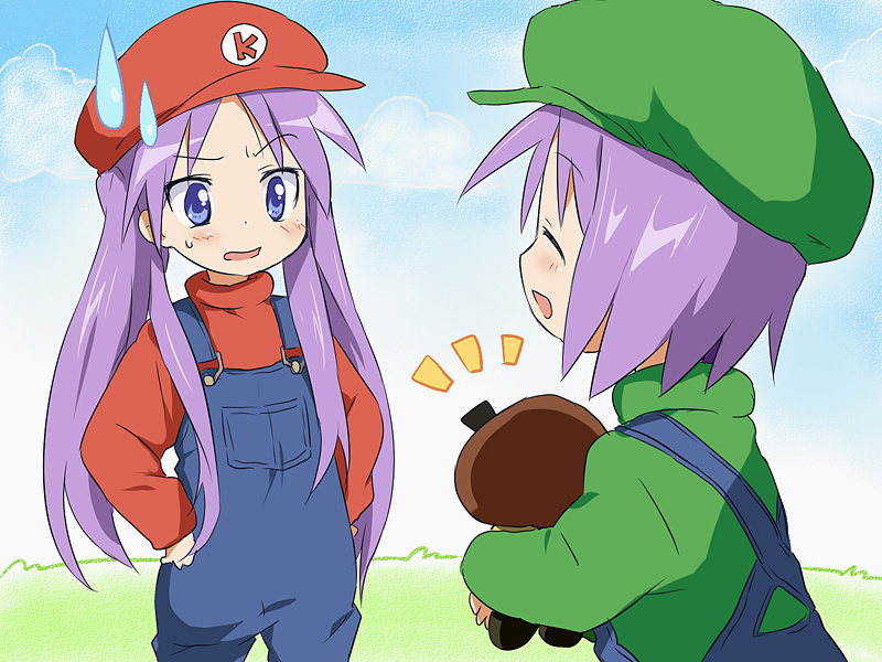 hiiragi kagami, mario, hiiragi tsukasa, luigi, and goomba (mario and 1 more) drawn by maruki_(punchiki)