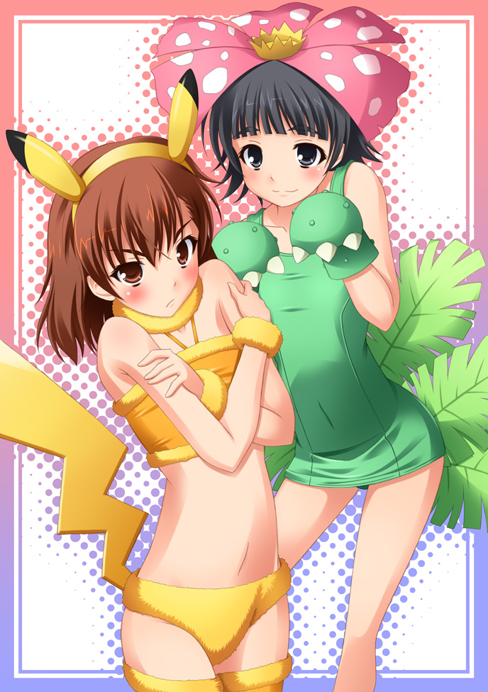 pikachu, misaka mikoto, uiharu kazari, and venusaur (pokemon and 2 more) drawn by nicci
