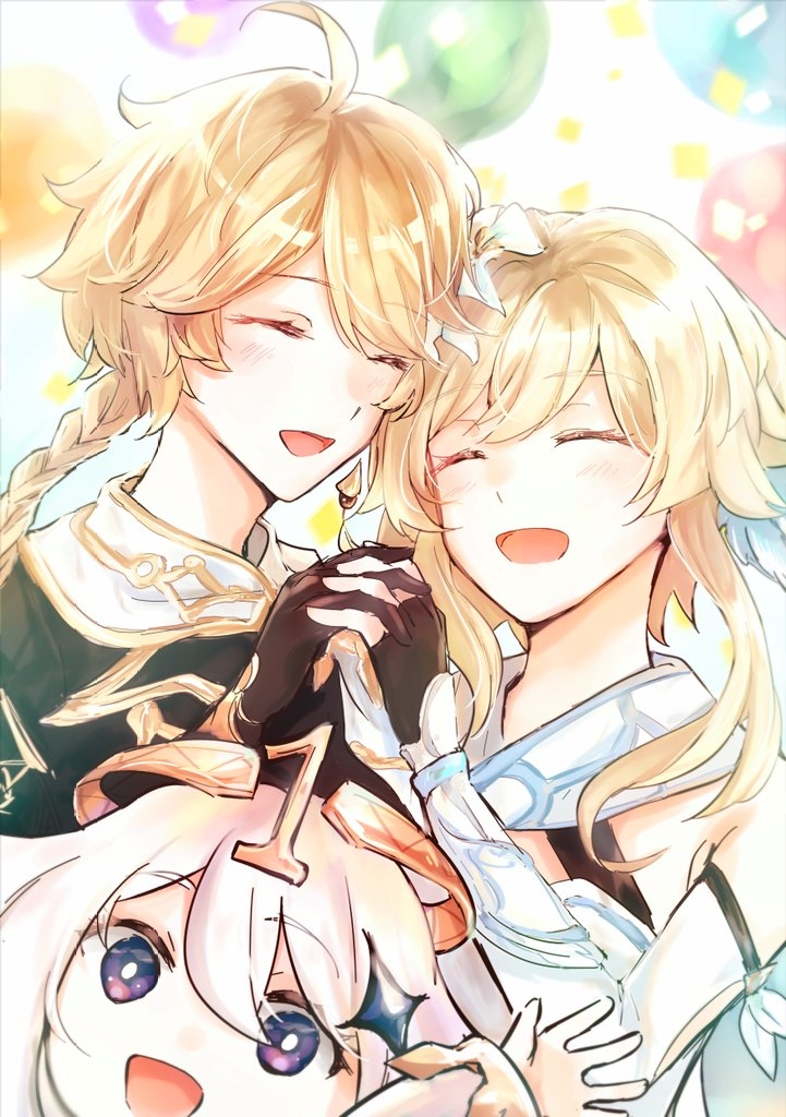 lumine, aether, and paimon (genshin impact) drawn by byakuyamisasa