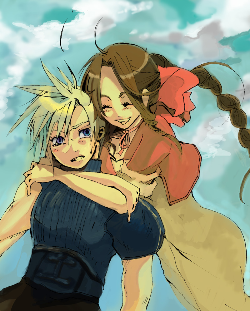 cloud strife and aerith gainsborough (final fantasy and 1 more) drawn by odendazo