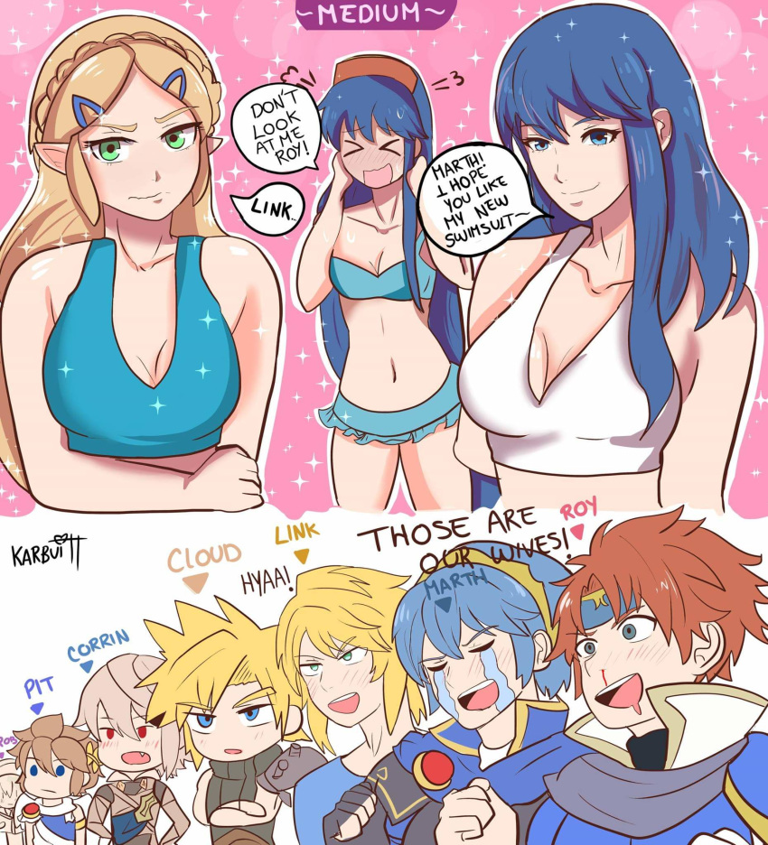 link, princess zelda, cloud strife, male robin, pit, and 5 more (fire emblem and 9 more) drawn by karbuitt