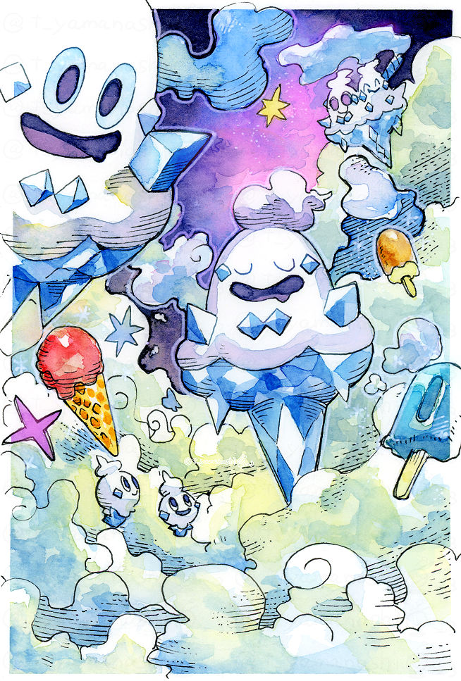 vanillite, vanilluxe, and vanillish (pokemon) drawn by yamanashi_taiki