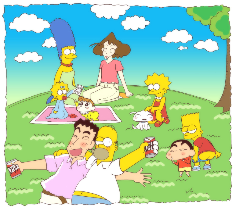 nohara shinnosuke, nohara misae, homer simpson, nohara hiroshi, bart simpson, and 5 more (crayon shin-chan and 1 more) drawn by armcho