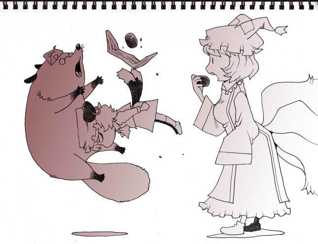 yakumo ran, chen, and futatsuiwa mamizou (touhou) drawn by onikobe_rin