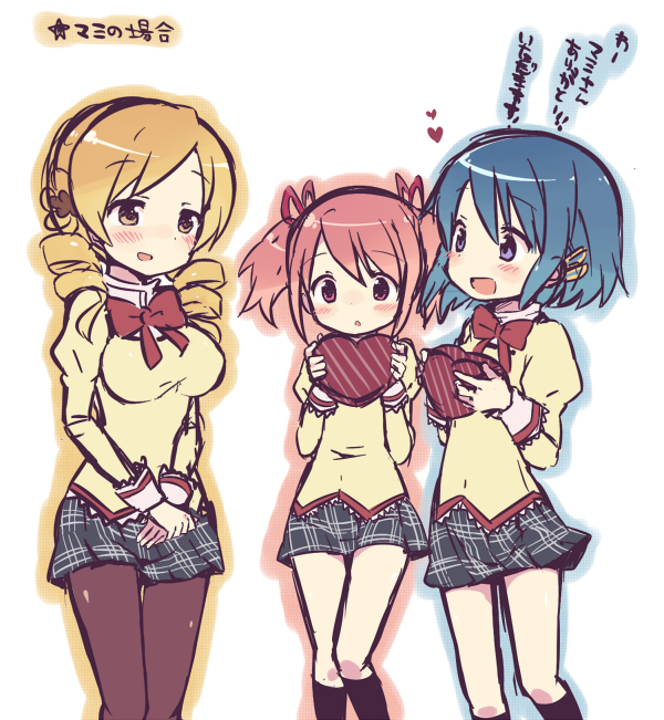 kaname madoka, miki sayaka, and tomoe mami (mahou shoujo madoka magica) drawn by kimoko