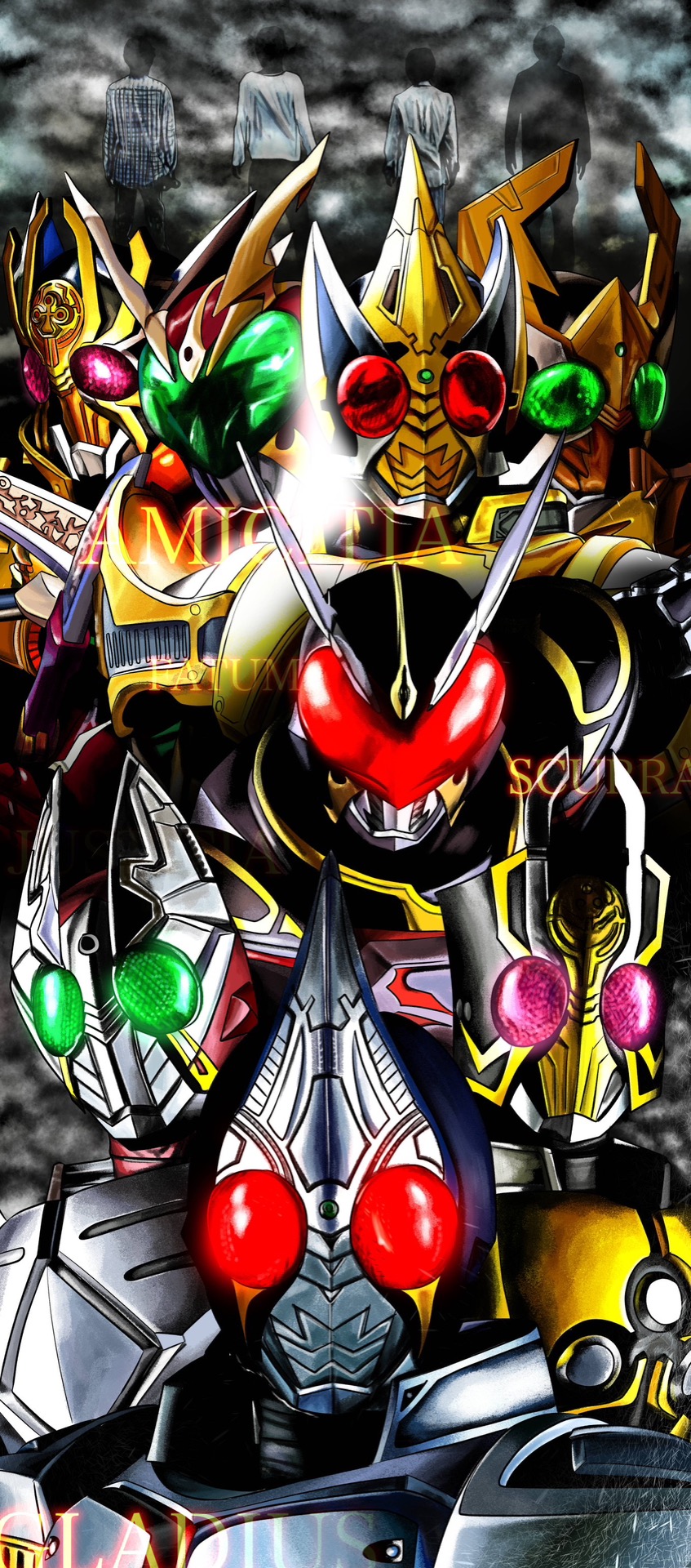 kamen rider blade, kamen rider garren, kamen rider chalice, kamen rider leangle, kenzaki kazuma, and 4 more (kamen rider and 1 more) drawn by 4ze_meteor
