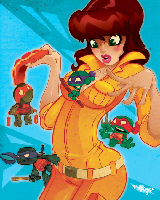 april o'neil, leonardo, raphael, donatello, and michelangelo (teenage mutant ninja turtles) drawn by kwestone