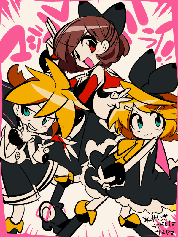 kagamine rin, kagamine len, meiko, magical mirai len, magical mirai rin, and 1 more (vocaloid and 1 more) drawn by sameyama_jiro