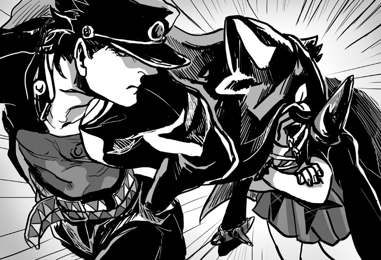 kujo jotaro and mankanshoku mako (jojo no kimyou na bouken and 2 more) drawn by stardust11