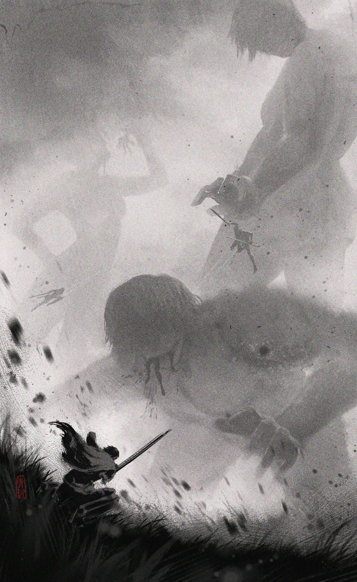 erwin smith and titan (shingeki no kyojin) drawn by qingjiu