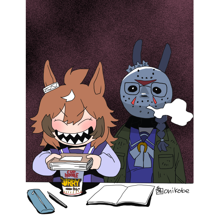 zenno rob roy, jason voorhees, and shinko windy (umamusume and 1 more) drawn by onikobe_rin