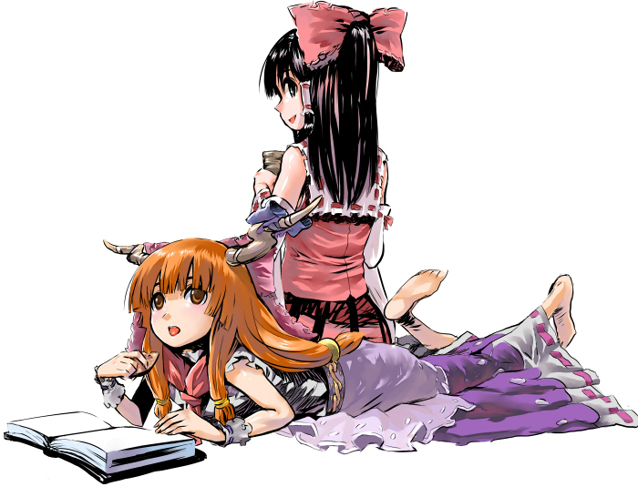 hakurei reimu and ibuki suika (touhou) drawn by yaten