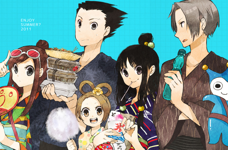 phoenix wright, miles edgeworth, maya fey, ema skye, pearl fey, and 1 more (ace attorney and 1 more) drawn by buzz_(moi)