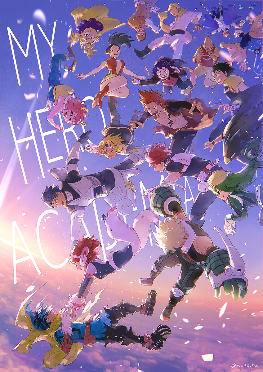 midoriya izuku, uraraka ochaco, bakugou katsuki, todoroki shoto, asui tsuyu, and 15 more (boku no hero academia) drawn by anezu