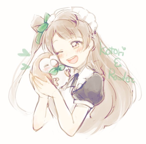 minami kotori and rowlet (pokemon and 3 more) drawn by ting_come