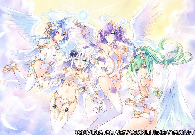 purple heart, black heart, white heart, and green heart (neptune and 1 more) drawn by tsunako