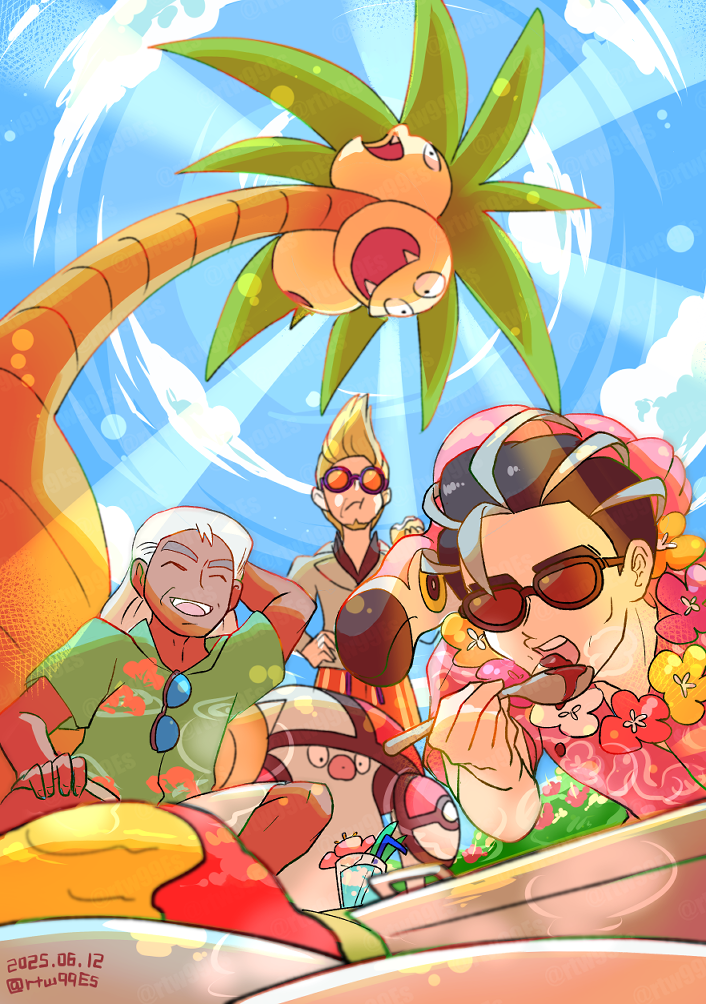 larry, alolan exeggutor, clavell, flamigo, amoonguss, and 2 more (pokemon and 3 more) drawn by ratowa