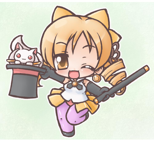 tomoe mami, kyubey, and magical emi (mahou shoujo madoka magica and 1 more) drawn by onmitsu_doushin_a
