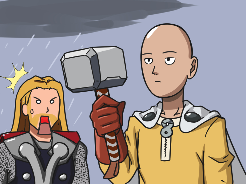 saitama and thor (marvel and 2 more) drawn by periphone