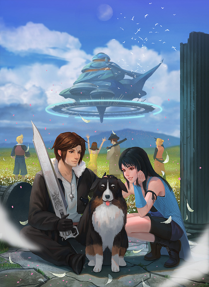 squall leonhart, rinoa heartilly, selphie tilmitt, zell dincht, irvine kinneas, and 1 more (final fantasy and 1 more) drawn by yagaminoue