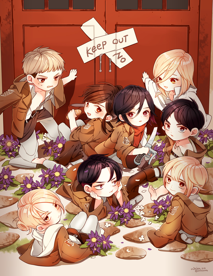 mikasa ackerman, eren yeager, levi, krista lenz, armin arlert, and 3 more (shingeki no kyojin) drawn by zwollowz